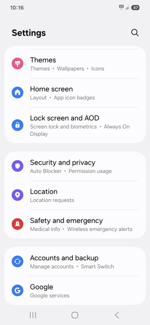 Scroll to and select Security and privacy