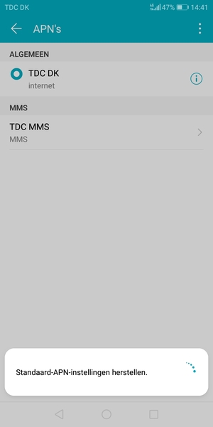 Uw telefoon wordt teruggezet naar standaard internet- en mms-instellingen