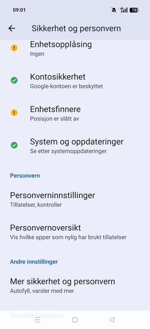 Bla til og velg Mer sikkerhet og personvern