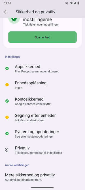 For at ændre PIN-koden til sim-kortet, gå til menuen Sikkerhed og privatliv og scroll til og vælg Mere sikkerhed og privatliv