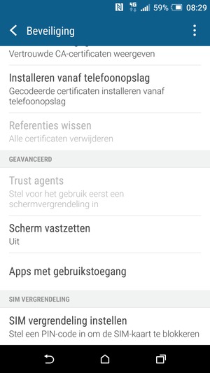 Om de pin voor de simkaart te wijzigen, keert u terug naar het menu Beveiliging en scrollt u naar en selecteert SIM vergrendeling instellen