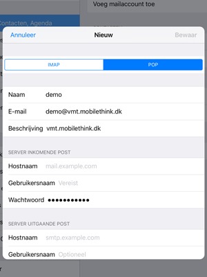 Selecteer POP of IMAP en voer e-mailgegevens voor SERVER INKOMENDE POST in