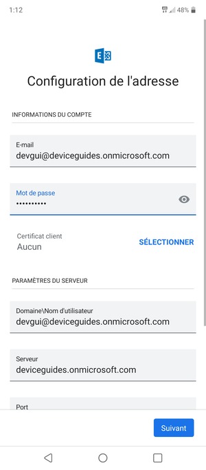 Saisissez votre Nom d'utilisateur et l'adresse du serveur Exchange. Sélectionnez Suivant