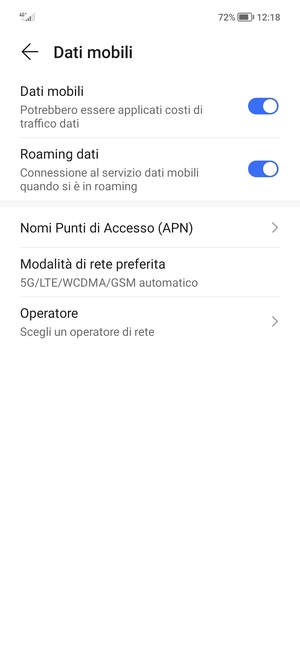 Attiva o disattiva Roaming dati