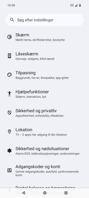 Scroll til og vælg Sikkerhed og privatliv