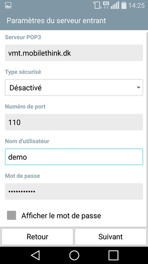 Sélectionnez l'adresse du serveur Entrant et le Nom d'utilisateur. Sélectionnez Suivant