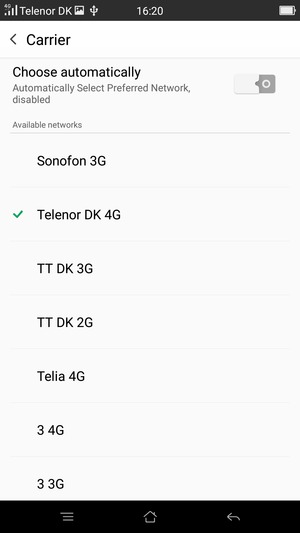 Select a network operator from the list