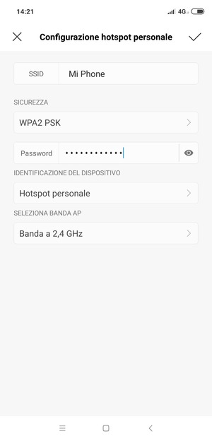 Inserisci una password dell'hotspot Wi-Fi di almeno 8 caratteri e seleziona SALVA