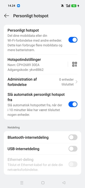 Din telefon er nu sat op til brug som modem