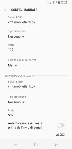 Disattiva Autenticazione richiesta prima dell'invio di e-mail  e seleziona ACCEDI
