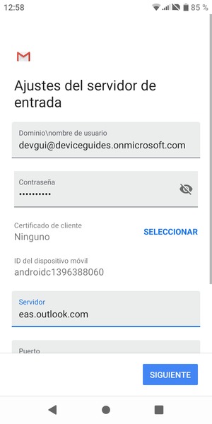 Introduzca Nombre de usuario y la dirección de servidor Exchange. Seleccione SIGUIENTE