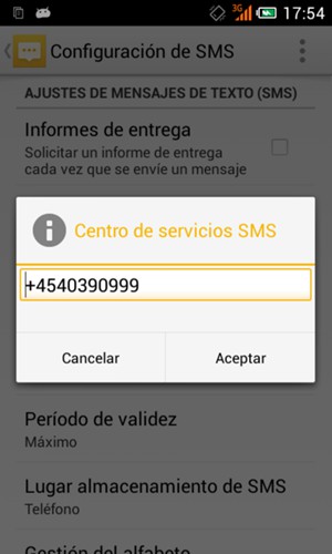 Introduzca el número de Centro de servicios SMS y seleccione Aceptar