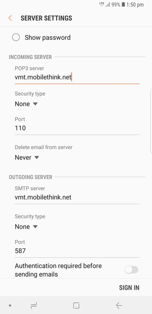 Turn off Authentication required before sending emails  and select SIGN IN