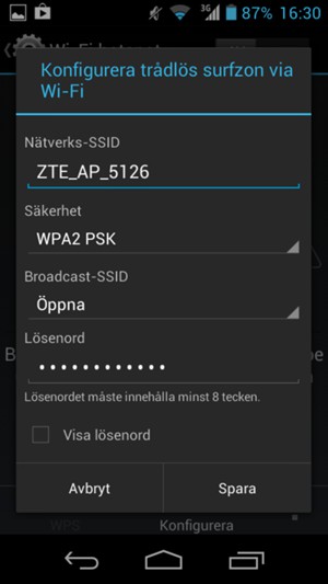 Ange ett lösenord bestående av minst 8 tecken och välj Spara