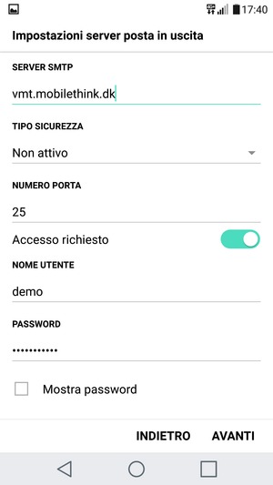 Inserisci l'indirizzo del server di posta in uscita