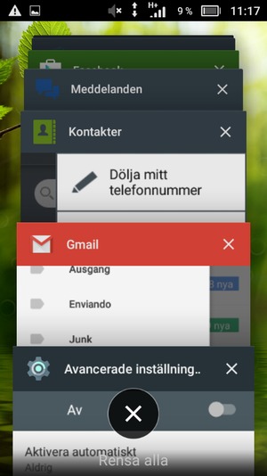 Välj Rensa alla för att stänga alla appar som körs