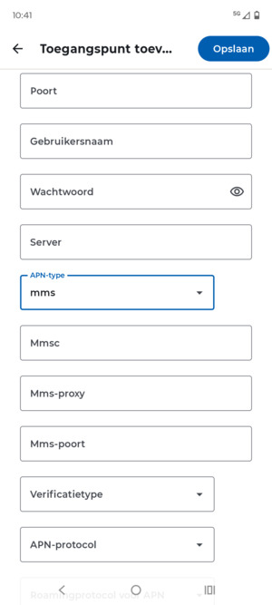 Scroll naar beneden en voer mms-gegevens in