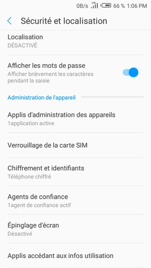 Pour modifier le code PIN de la carte SIM, retournez dans le menu Sécurité et localisation et sélectionnez Verrouillage de la carte SIM