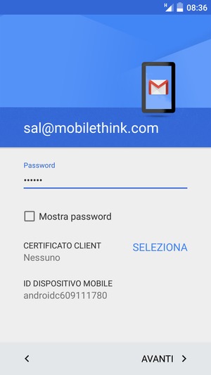 Inserisci la tua password e seleziona AVANTI