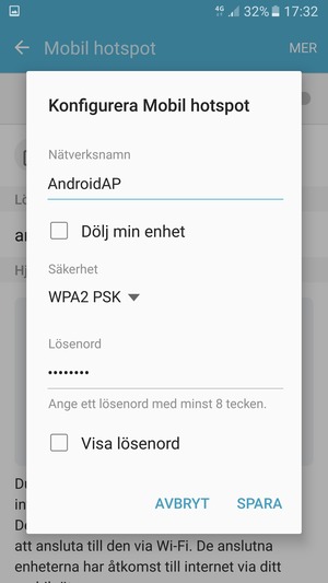 Ange ett lösenord bestående av minst  8  tecken och välj  SPARA