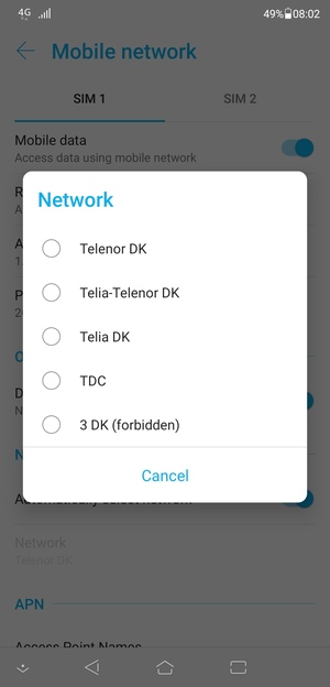 Select a network operator from the list