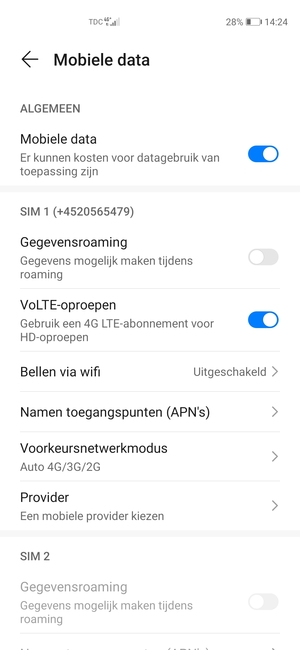 Scroll naar SIM 1 of SIM 2 en selecteer Namen toegangspunten (APN's)