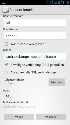 Voer de Exchange serveradres in. Selecteer Volgende