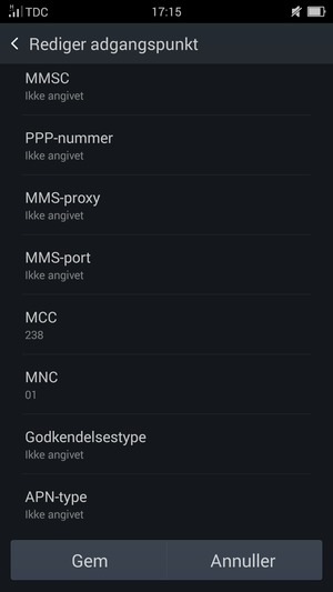 Scroll ned og indtast internet-oplysninger
