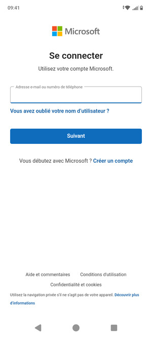 Saisissez votre adresse e-mail et sélectionnez Suivant
