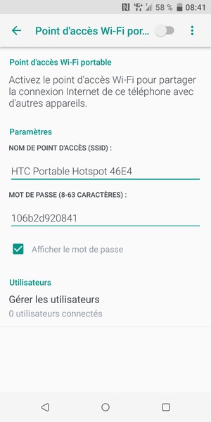 Saisissez un mot de passe de hotspot Wi-Fi d'au moins 8 caractères