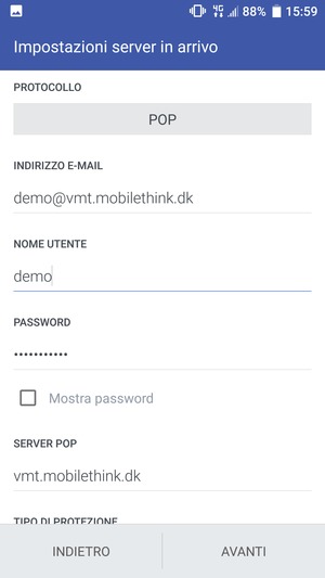 Inserisci Nome utente e l'indirizzo del server di arrivo. Seleziona AVANTI