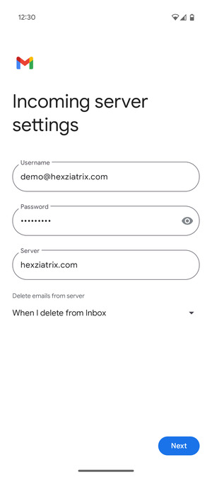 Enter Username and Incoming server address. Select Next