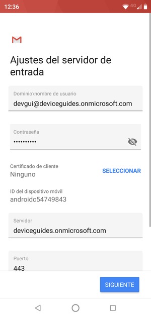 Introduzca Nombre de usuario y la dirección de servidor Exchange. Seleccione SIGUIENTE