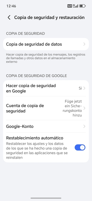 Seleccione Cuenta de copia de seguridad