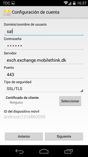 Introduzca Nombre de usuario y la dirección de servidor Exchange. Seleccione Siguiente