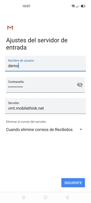 Introduzca Nombre de usuario y la dirección de servidor entrante. Seleccione SIGUIENTE