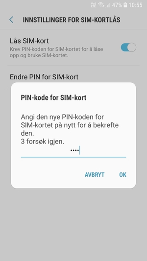 Bekreft din nye PIN-kode for SIM-kort og velg OK