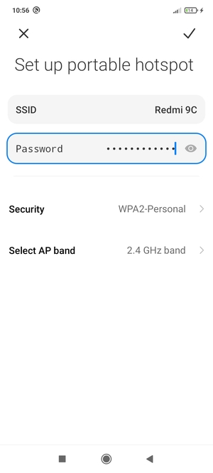 Enter a Wi-Fi hotspot password of at least 8 characters and select SAVE