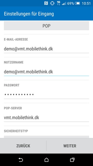 Geben Sie Benutzername und Eingehende Server-Adresse ein. Wählen Sie WEITER