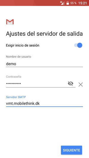 Introduzca la dirección de servidor saliente y seleccione SIGUIENTE
