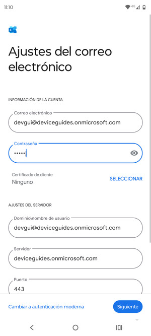 Introduzca Nombre de usuario y la dirección de servidor Exchange. Seleccione Siguiente