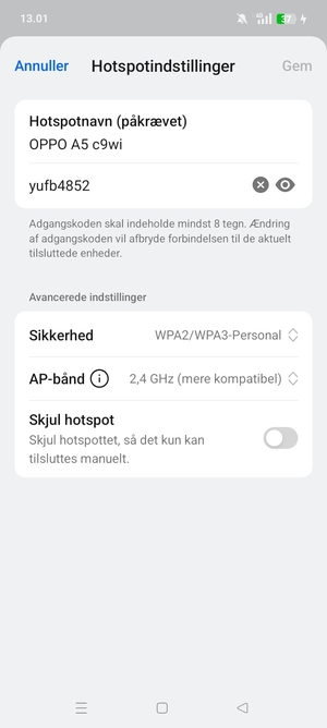 Indtast en Wi-Fi-hotspot adgangskode på minimum 8 tegn og vælg Gem