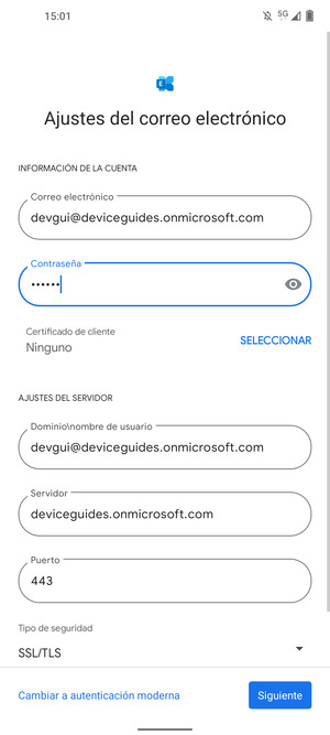 Introduzca Nombre de usuario y la dirección de servidor Exchange. Seleccione Siguiente