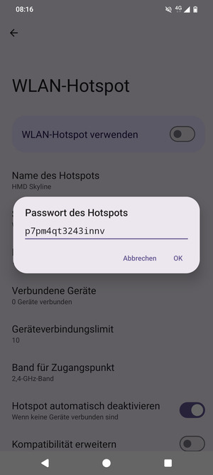 Geben Sie eine WLAN-Hotspot-Passwort mit mindestens 8 Zeichen ein und wählen Sie OK