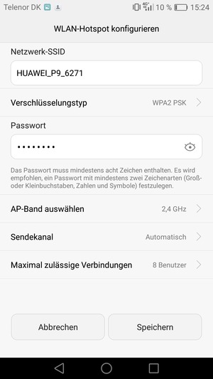 Geben Sie eine WLAN-Hotspot-Passwort mit mindestens 8 Zeichen ein und wählen Sie Speichern