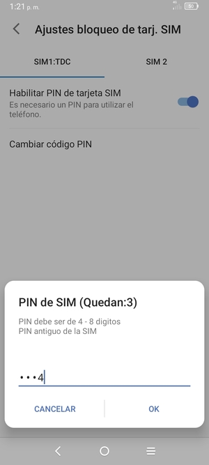 Introduzca su PIN antiguo de la SIM y seleccione OK