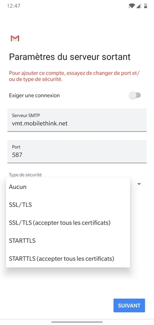 Sélectionnez Aucun puis SUIVANTE