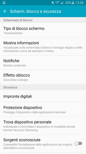 Per attivare il blocco dello schermo, vai al menu Scherm. blocco e sicurezza e seleziona Tipo di blocco schermo