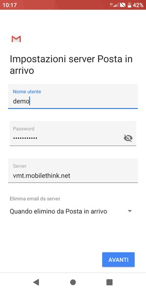 Inserisci Nome utente e l'indirizzo del server arrivo. Seleziona AVANTI