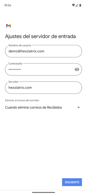 Introduzca Nombre de usuario y la dirección de servidor entrante. Seleccione SIGUIENTE